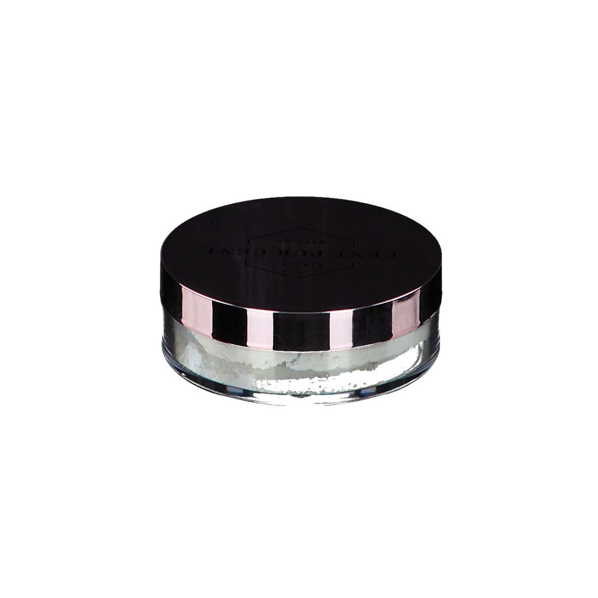 Récipient rond de poudre libre. Couvercle noir bordé de rose. Récipient en verre.
