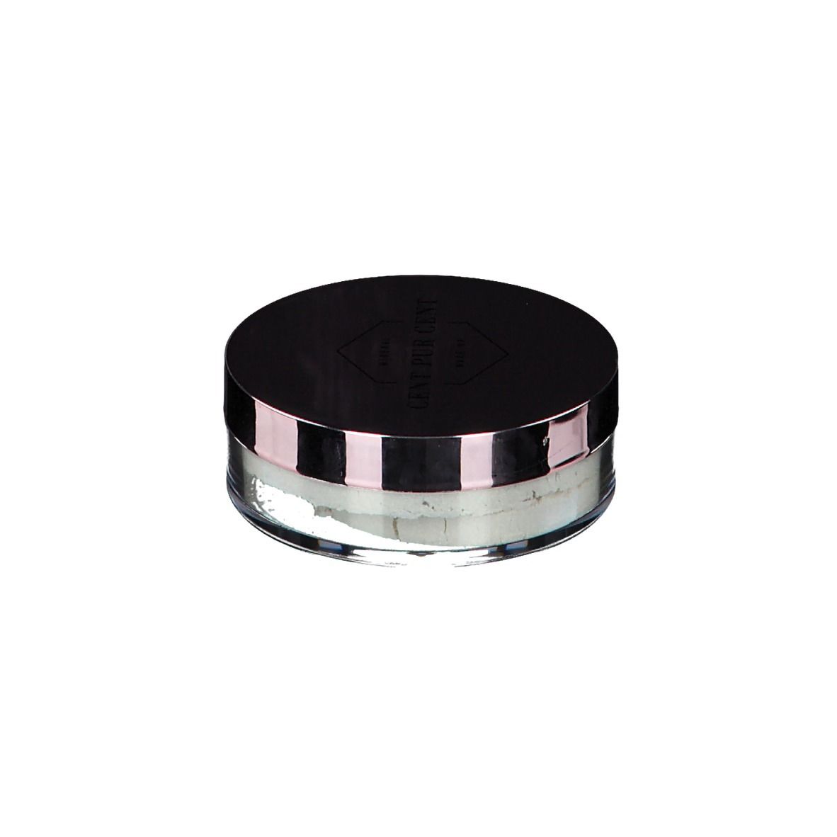 Récipient rond de poudre libre. Couvercle noir bordé de rose. Récipient en verre.
