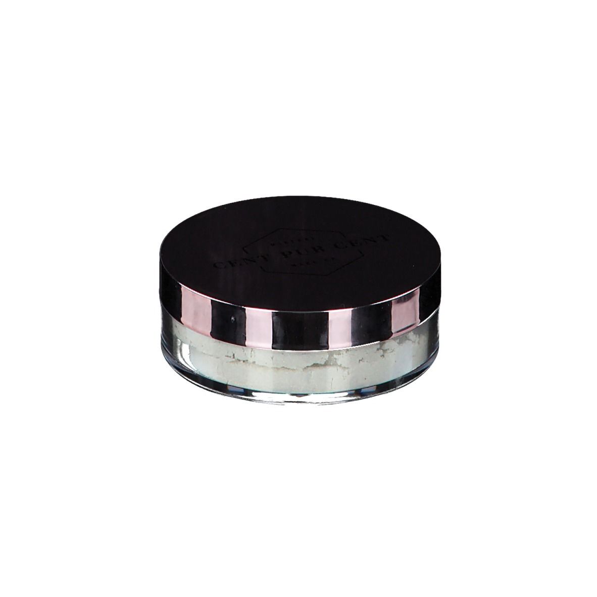 Récipient rond de poudre libre. Couvercle noir bordé de rose. Récipient en verre.