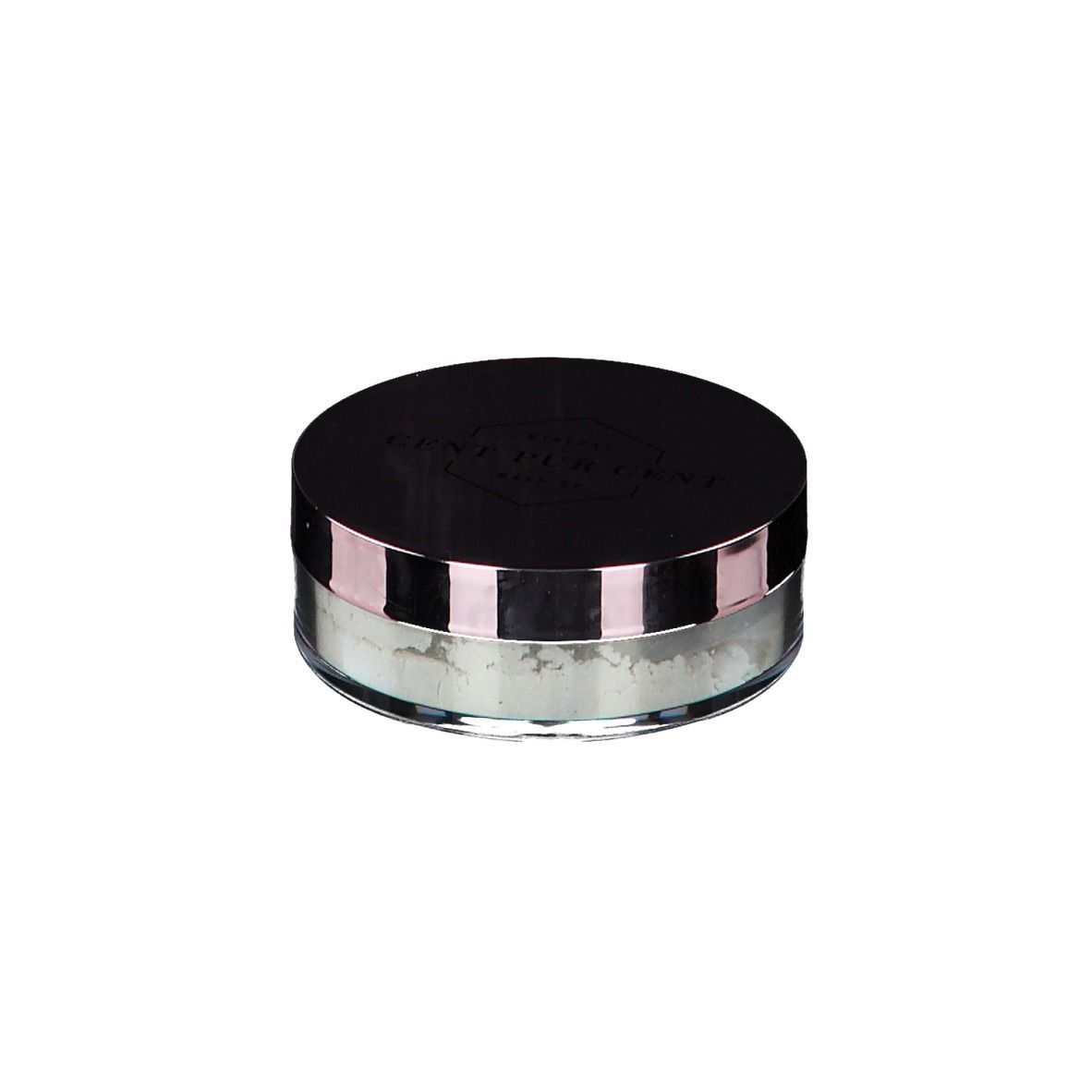 Récipient rond de poudre libre. Couvercle noir bordé de rose. Récipient en verre.