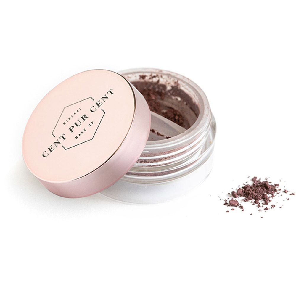 Pot de fard à paupières avec couvercle. Marque : Cent Pur Cent. Couvercle rose, pot transparent. Fard à paupières brun-rouge.