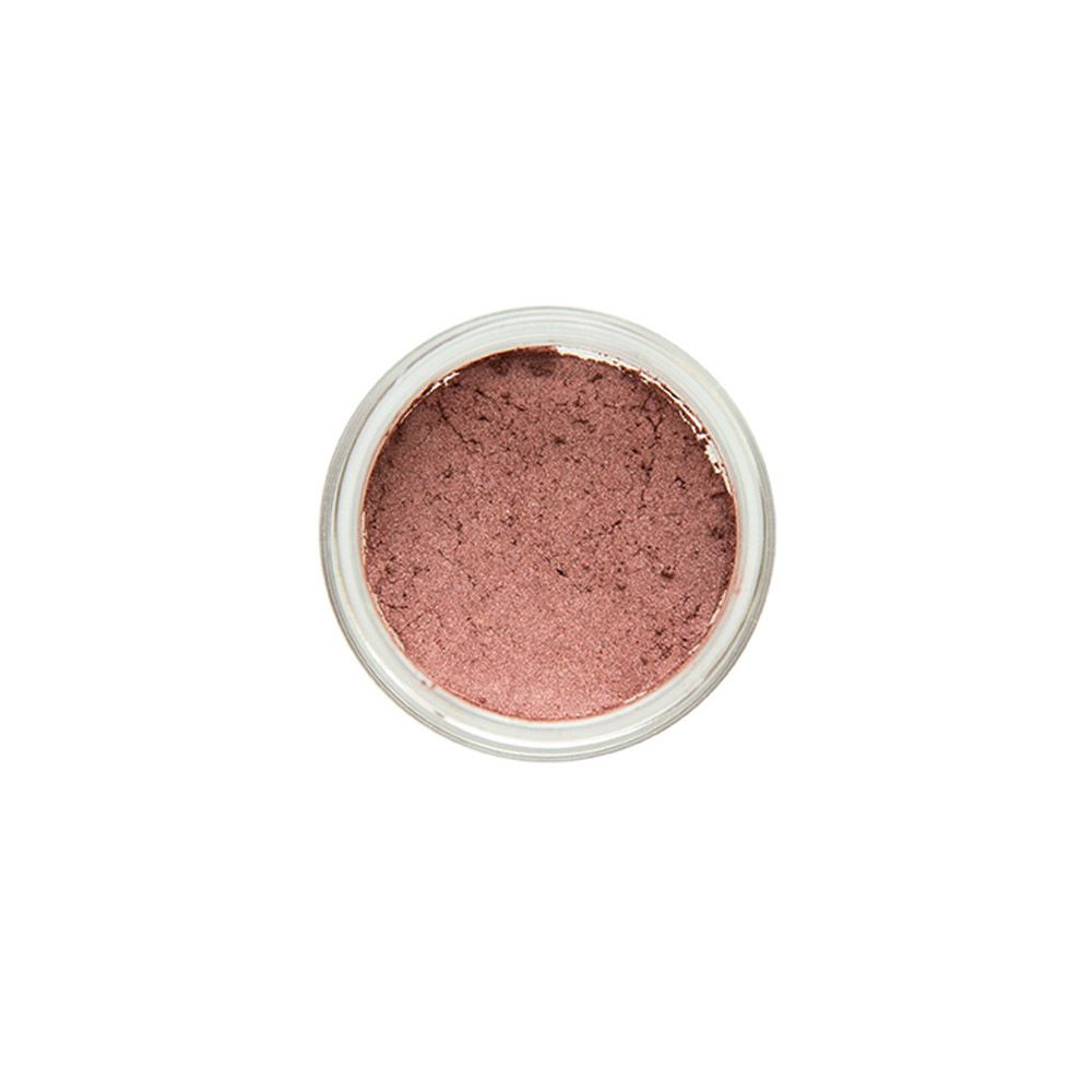 Pot de fard à paupières. Fard à paupières brun-rouge. Sur fond clair.