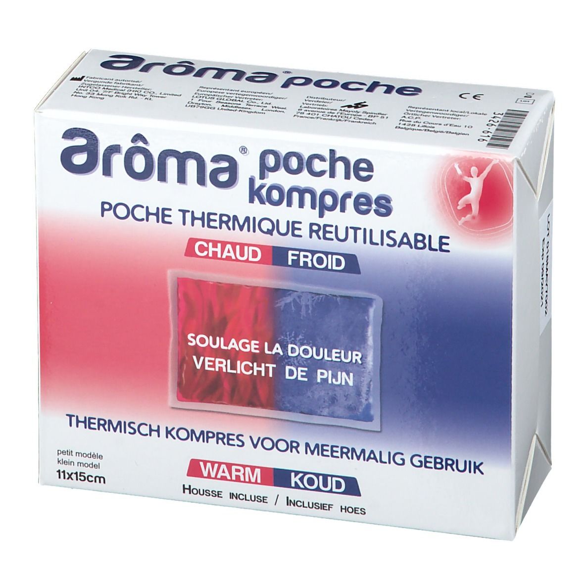 Compresse thermique Aroma poche, 11x15cm. Emballage avec indications chaud/froid. Texte: "Soulage la douleur".