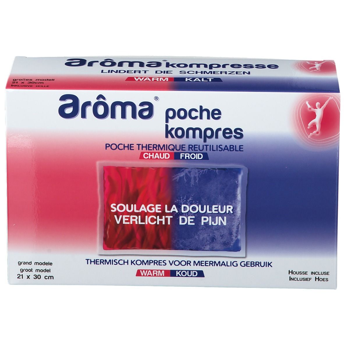 Thermotherapietasche, 21x30cm, rot-blau. Verpackung mit Produktname und Text. Enthält eine Hülle.