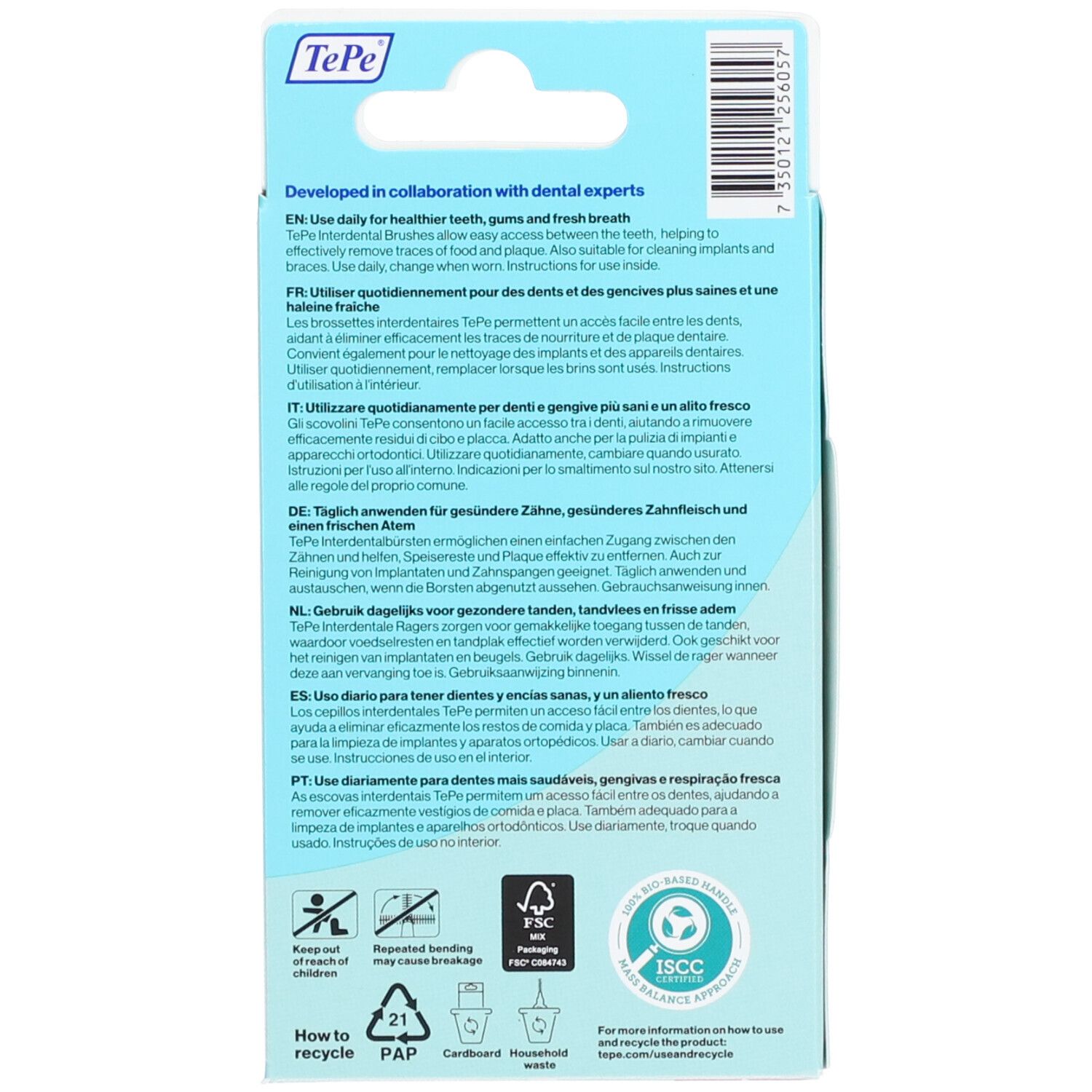 Rückseite der Verpackung mit Text in mehreren Sprachen. FSC-Zertifizierung und Recycling-Symbol.