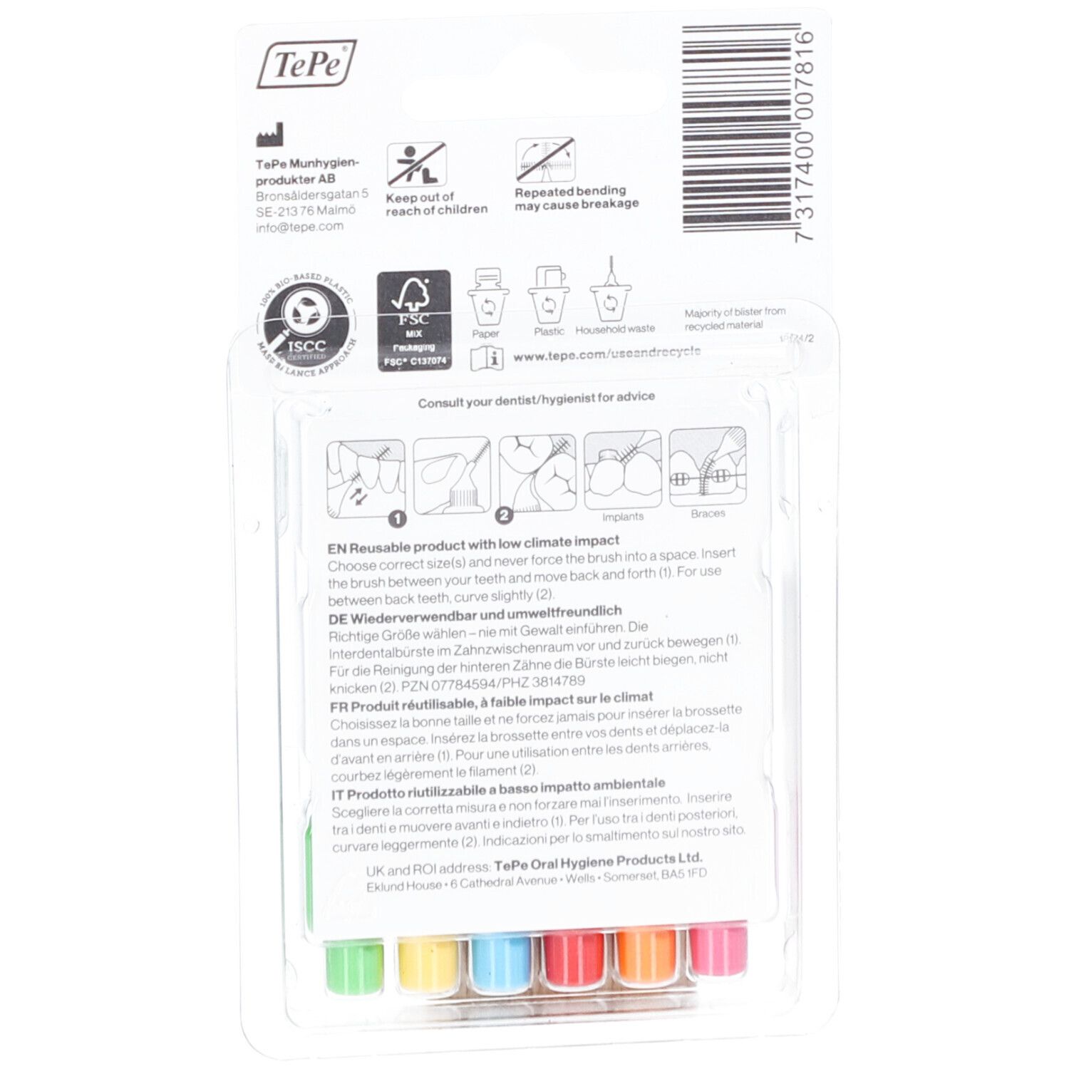 Rückseite der Blisterverpackung mit Informationen. Enthält Anweisungen und Informationen zur Wiederverwendbarkeit.