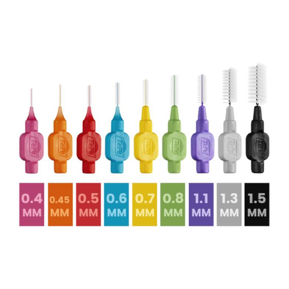 Interdentalbürsten in verschiedenen Farben und Größen. Größen von 0,4 mm bis 1,5 mm. Marke TePe.