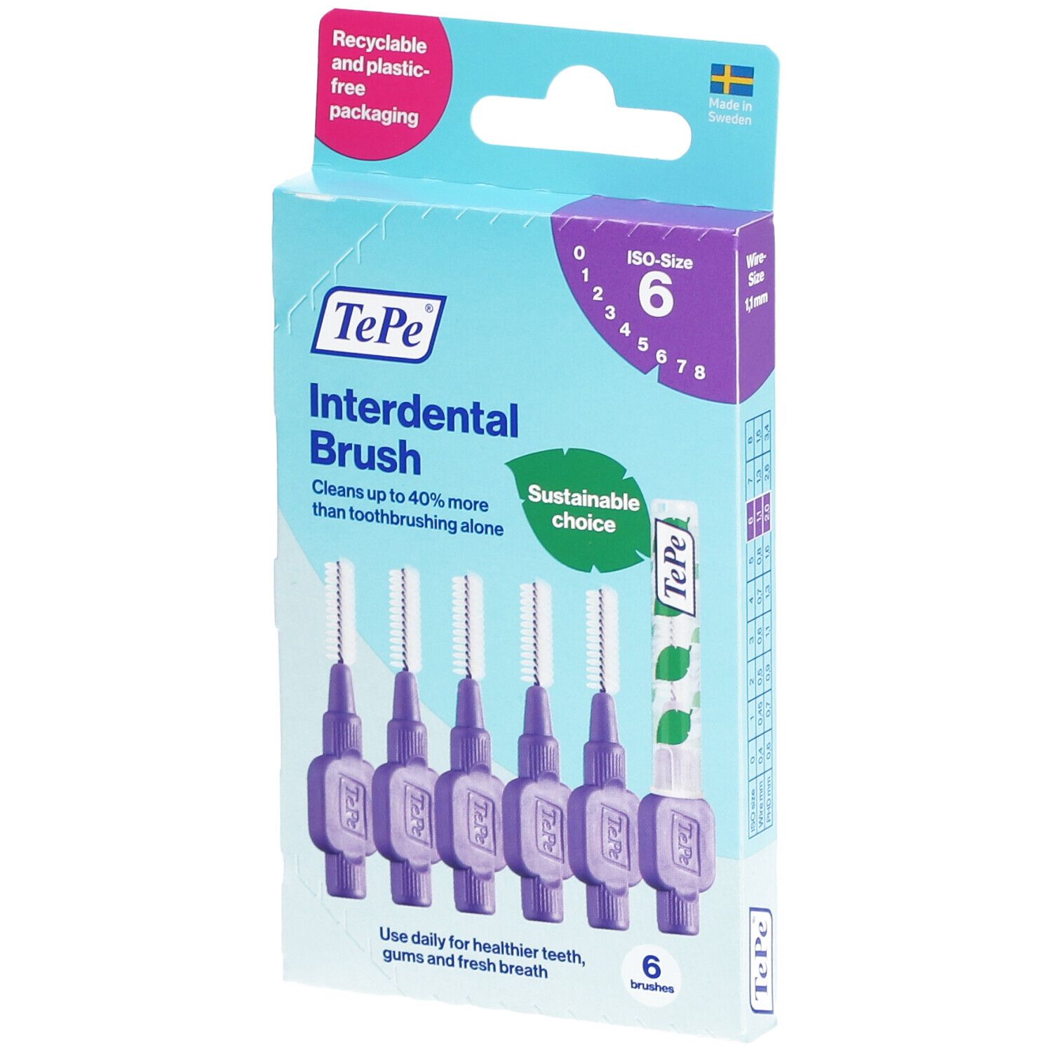 Verpackung mit 6 Interdentalbürsten. Lila Bürsten, weiße Borsten. Größe 6. Marke TePe. Nachhaltige Wahl.