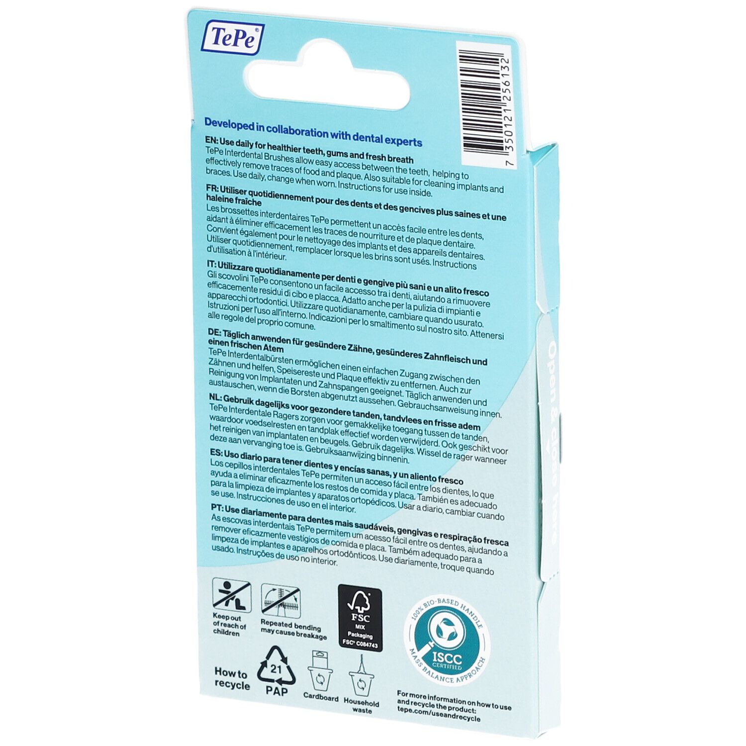 Verpackung mit 6 Interdentalbürsten. Lila Bürsten, weiße Borsten. Größe 6. Marke TePe. Nachhaltige Wahl.