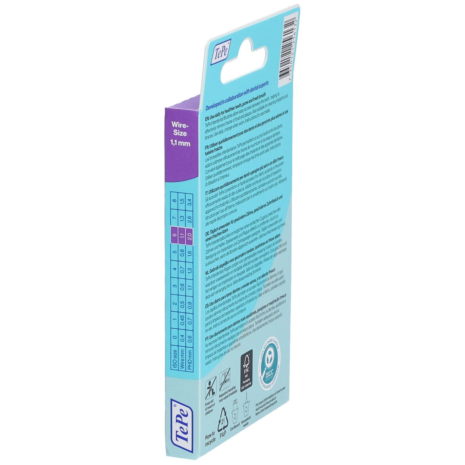 Rückseite der Verpackung mit Informationen zu Interdentalbürsten. Marke TePe. Text in mehreren Sprachen.
