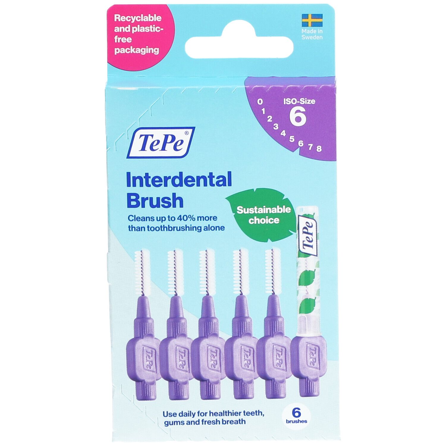 Seite der Verpackung mit Informationen zu Interdentalbürsten. Marke TePe. Größenangaben.