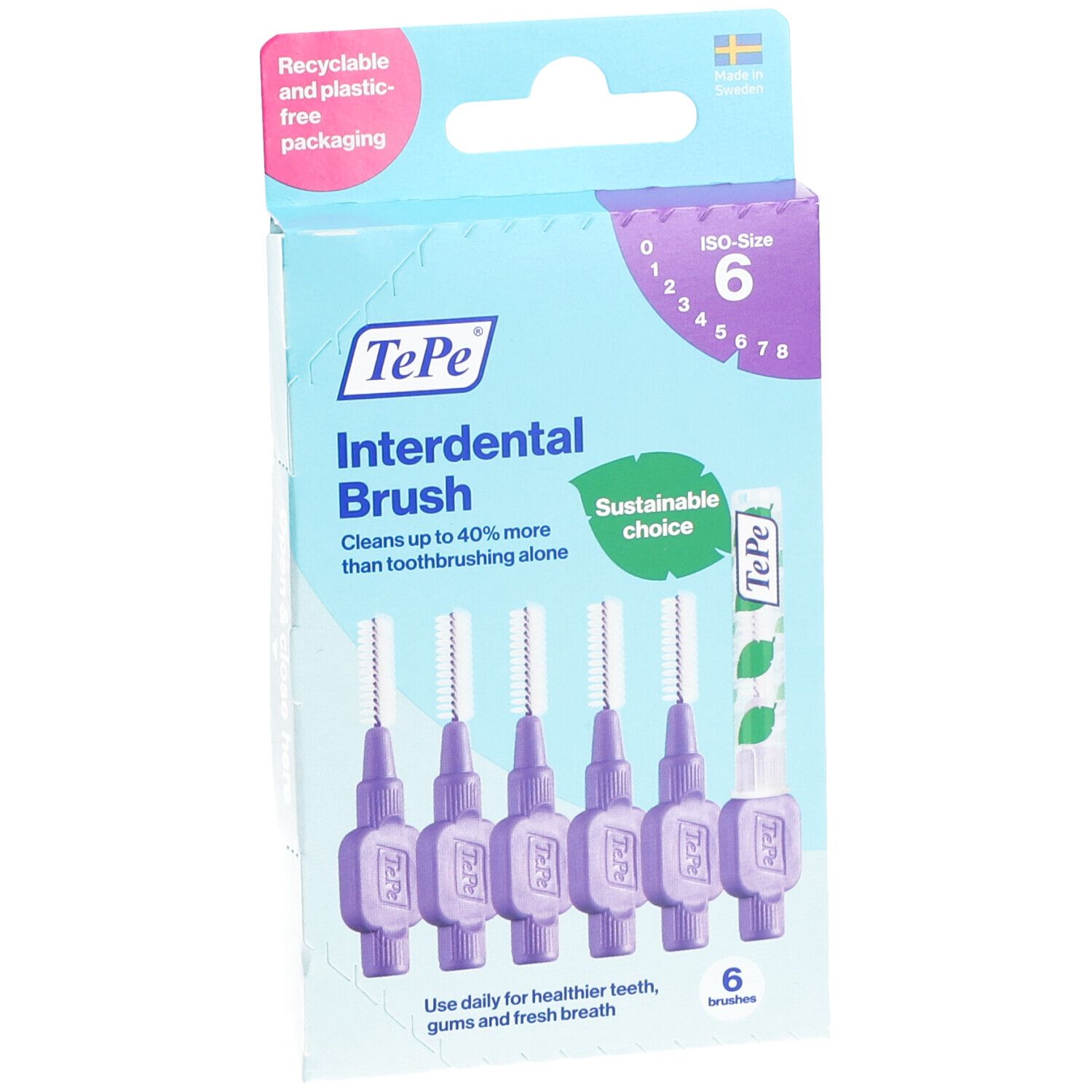 Verpackung mit 6 Interdentalbürsten. Lila Bürsten, weiße Borsten. Größe 6. Marke TePe. Nachhaltige Wahl.