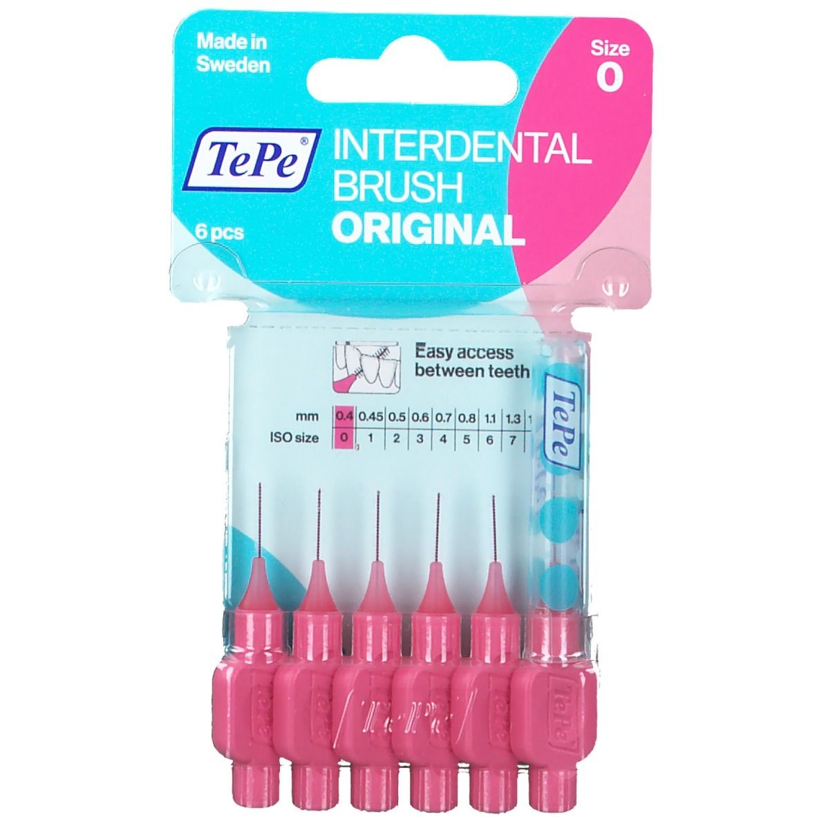 6 rosa Interdentalbürsten in Kunststoffverpackung. Marke TePe, Original. Größe 0, 0,4 mm. Produktinformationen auf der Verpackung.