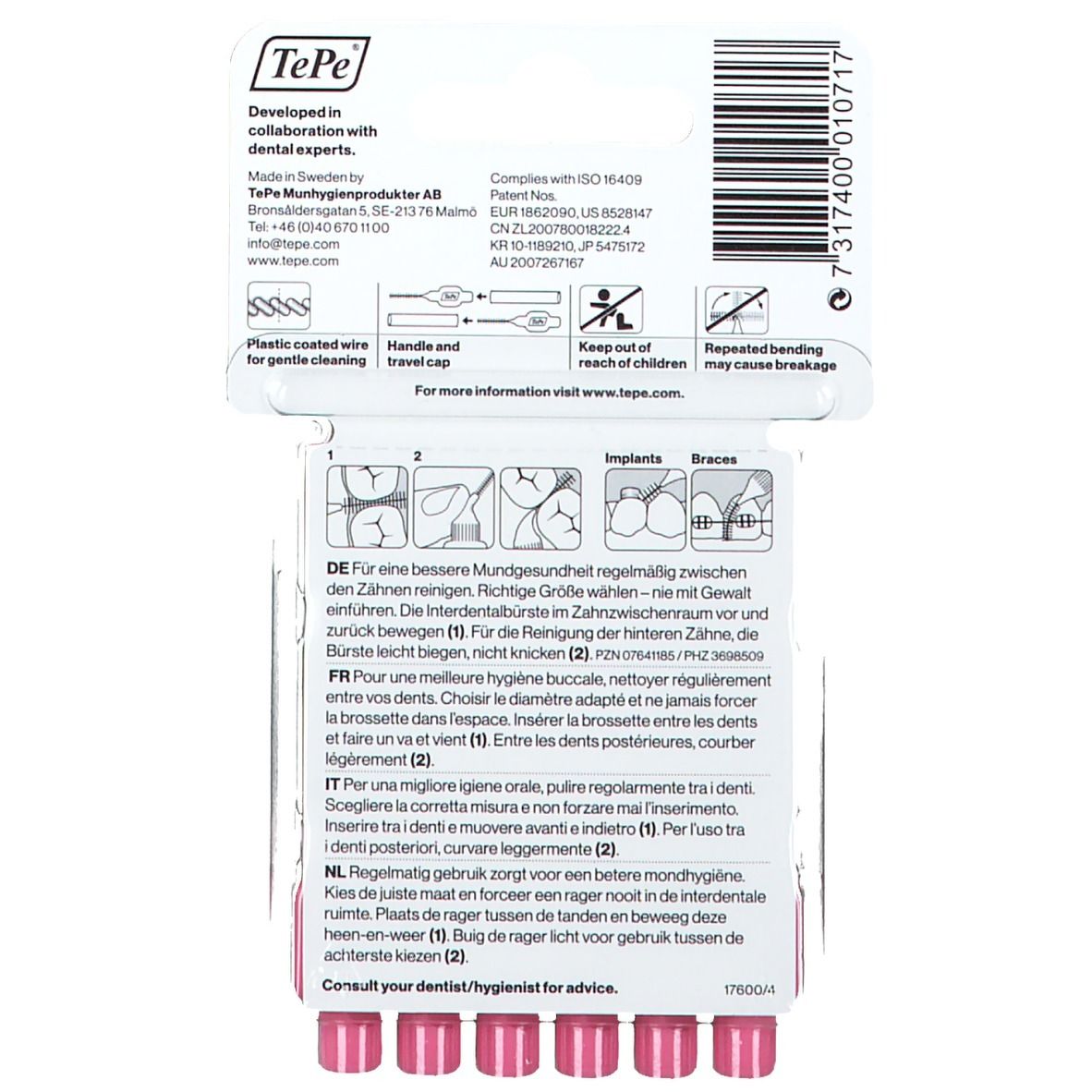 Rückseite der Verpackung mit Produktinformationen. Text in Deutsch, Französisch, Italienisch und Niederländisch. Rosa Interdentalbürsten sichtbar.