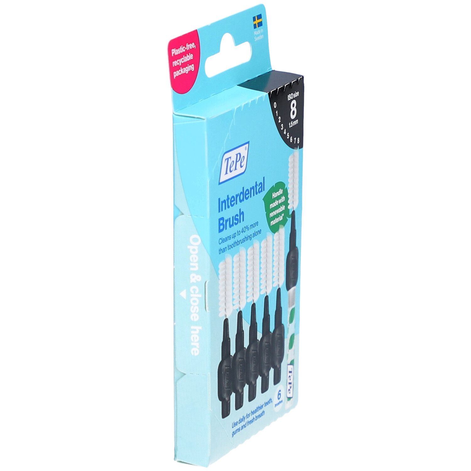 Verpackung mit Interdentalbürsten. Marke TePe. Seite mit Produktinformationen. ISO-Größe 8, 1,5 mm.  'Open & close here'.