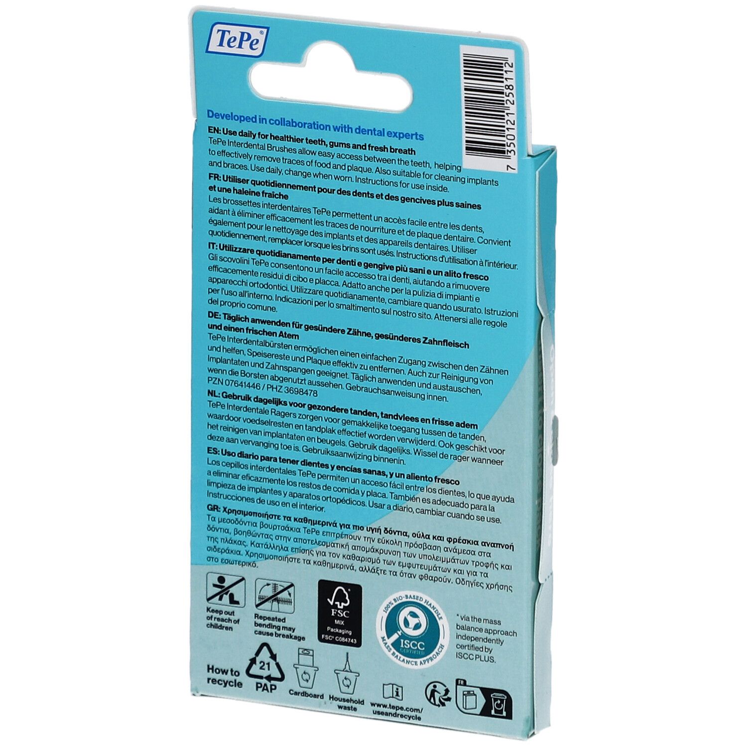 Rückseite der Verpackung mit Text in mehreren Sprachen. Informationen zur Verwendung und Inhaltsstoffe. FSC-Zertifizierung.