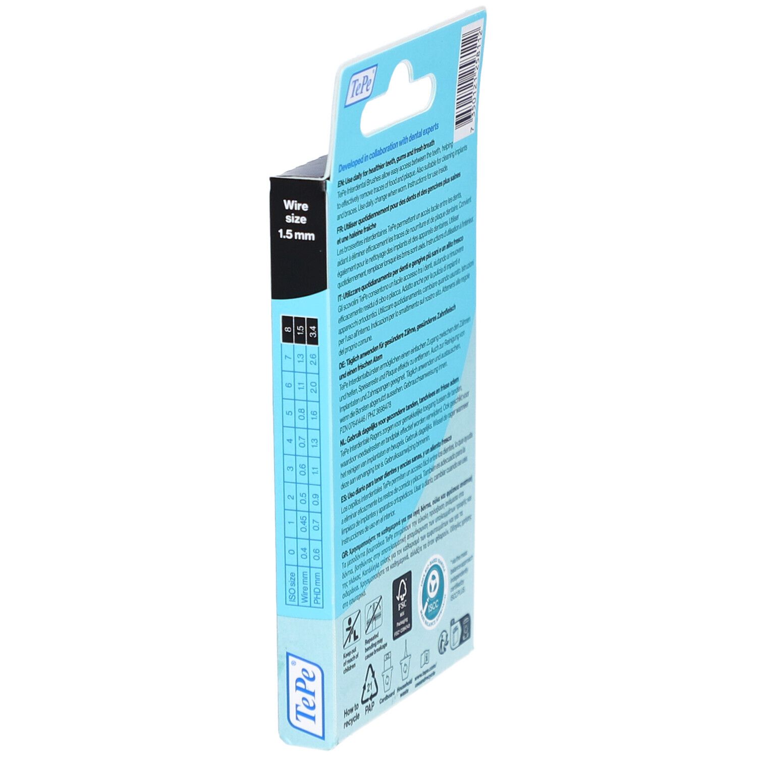 Seite der Verpackung mit Größenangaben. Drahtstärke 1,5 mm. ISO-Größen 0-8. Marke TePe. Recycling-Symbole.