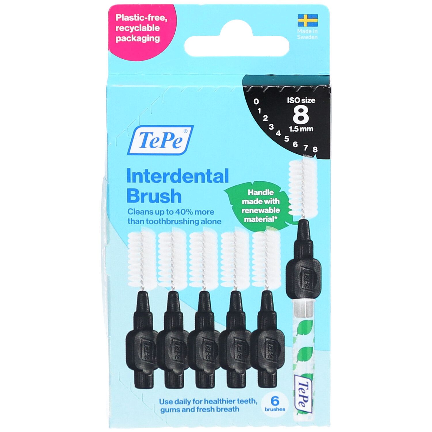 Verpackung mit 6 schwarzen Interdentalbürsten. Marke TePe. ISO-Größe 8, 1,5 mm. Kunststofffreie, recycelbare Verpackung.