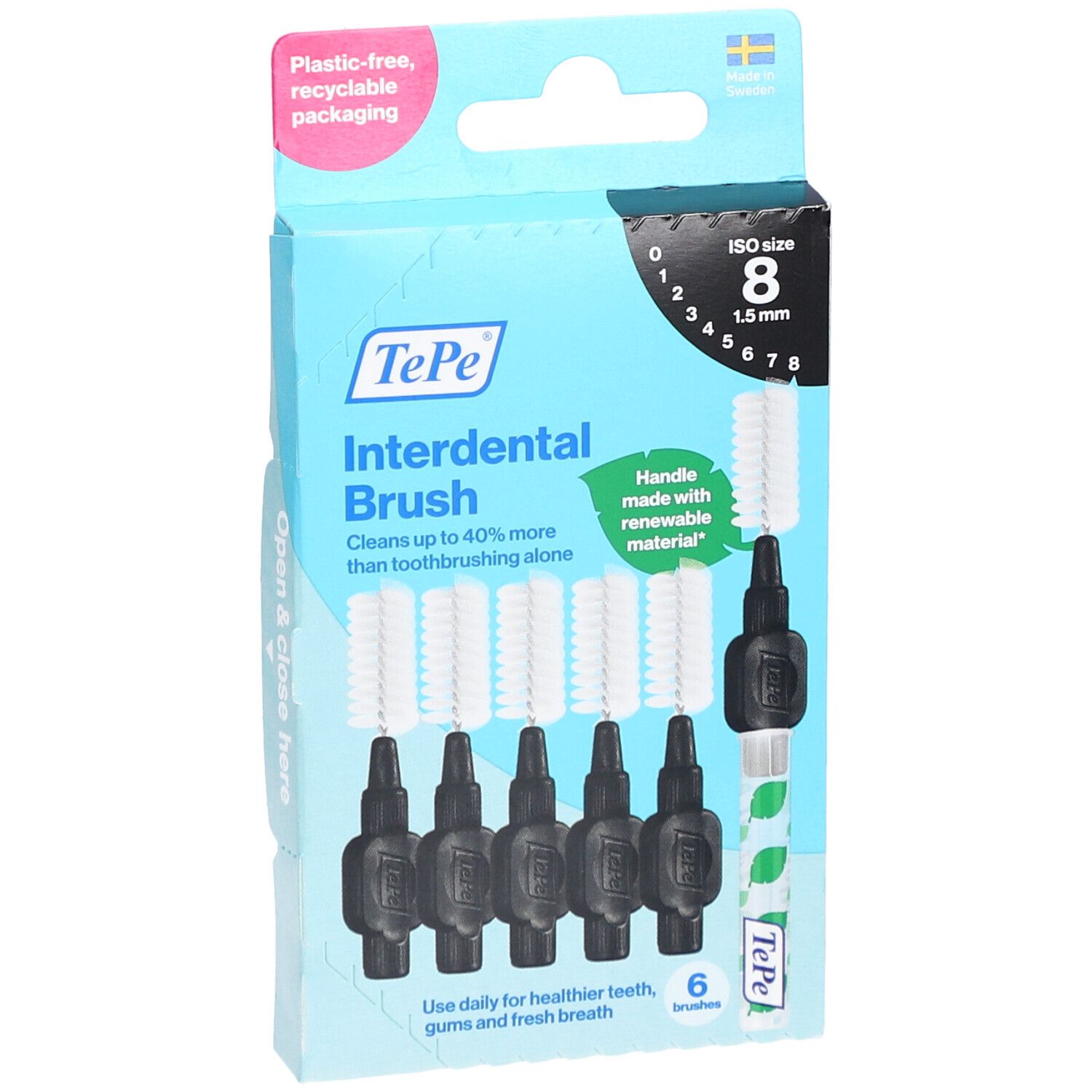 Verpackung mit 6 schwarzen Interdentalbürsten. Marke TePe. ISO-Größe 8, 1,5 mm. Kunststofffreie, recycelbare Verpackung.