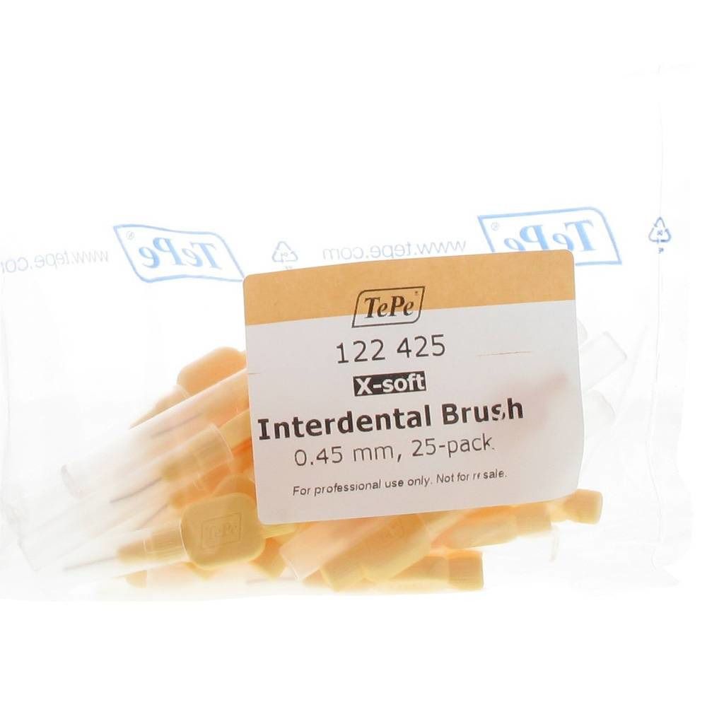Interdentalbürsten in transparenter Verpackung. Aufkleber mit Produktinformationen: TePe, 0,45 mm, 25 Stück. Extra weich.