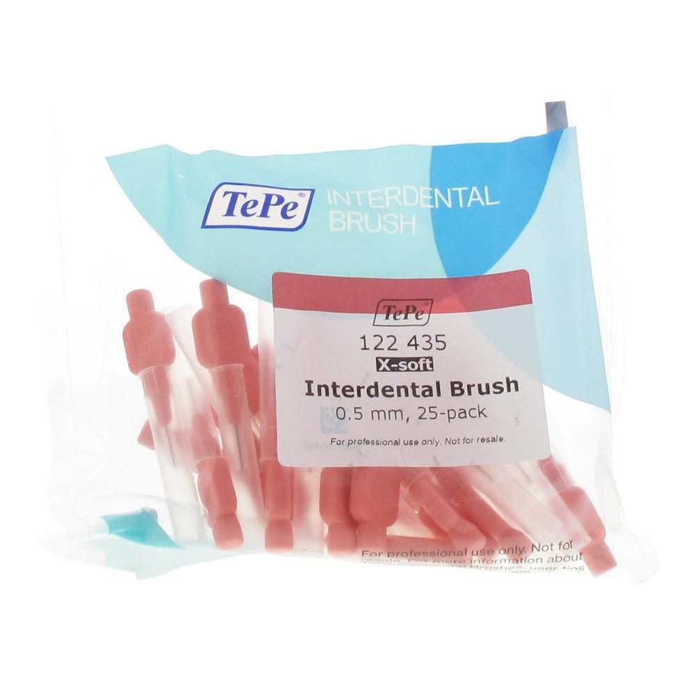 Paquet de brosses interdentaires TePe, 0,5 mm, 25 pièces. Brosses rouges dans un emballage plastique transparent.