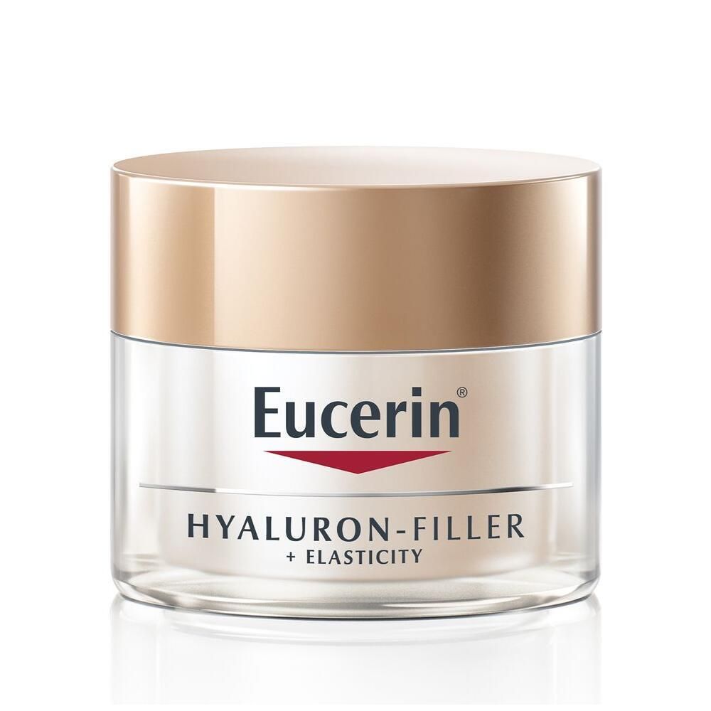 Creme-Tiegel mit goldfarbenem Deckel. Aufschrift: Eucerin, Hyaluron-Filler + Elasticity.