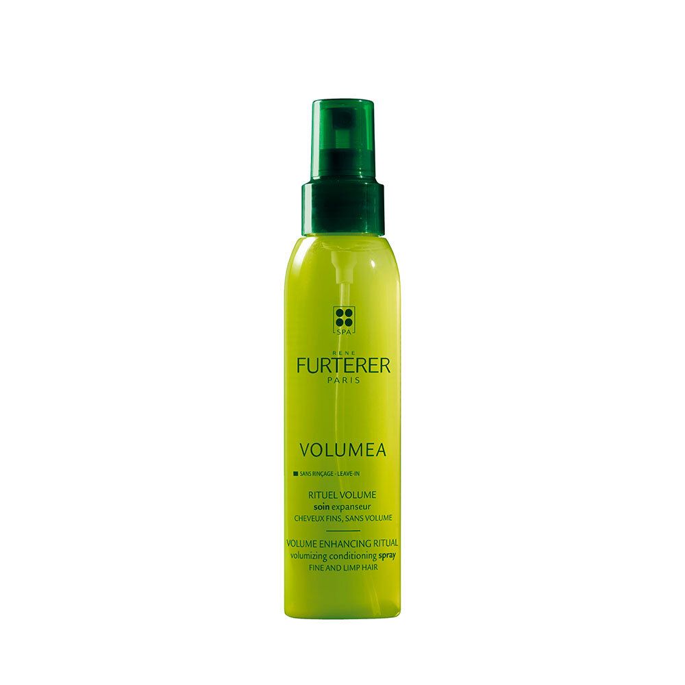 Groene sprayfles met groene sproeikop. Opschrift: VOLUMEA, RENE FURTERER PARIS. Productnaam en beschrijving.