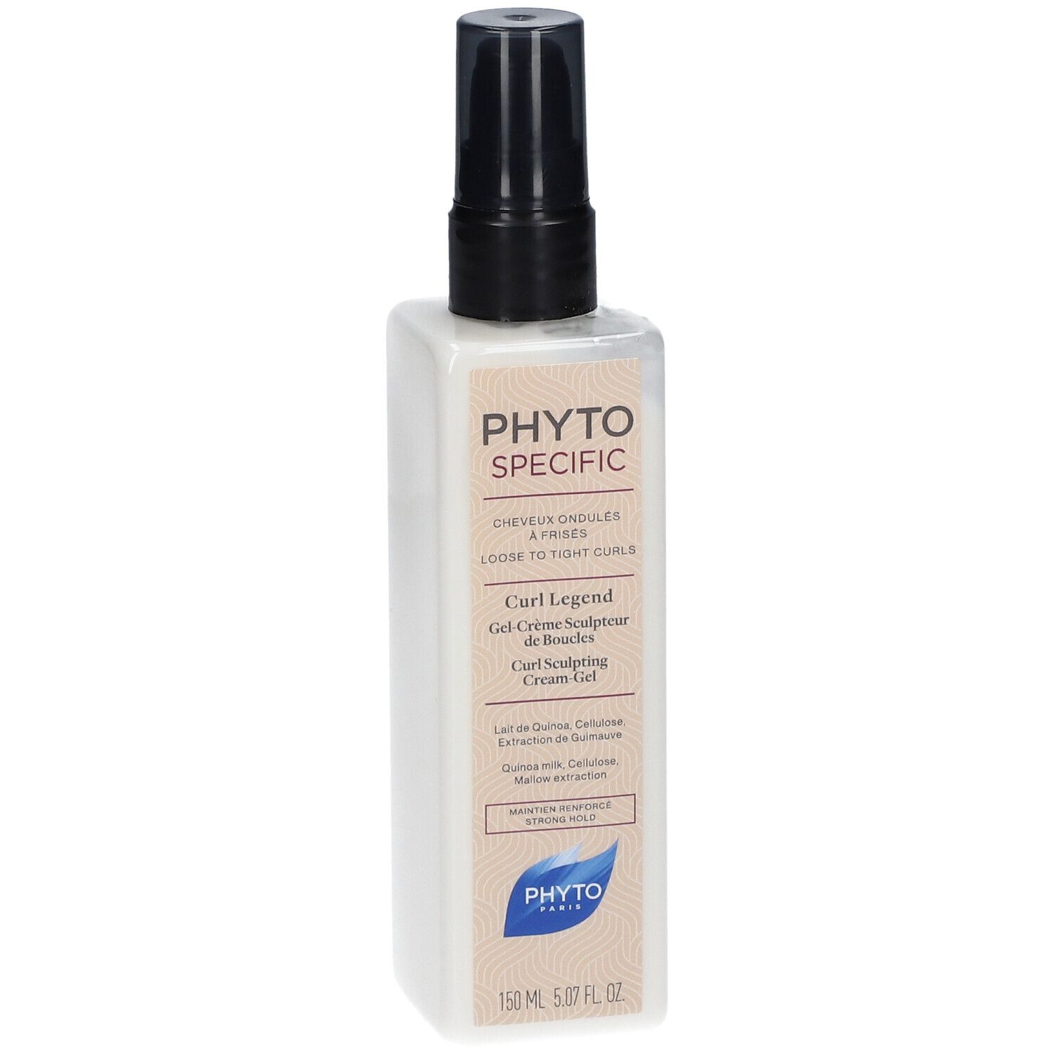 Weißes, rechteckiges Produkt mit schwarzem Sprühkopf. Aufschrift: PHYTOSPECIFIC, Curl Legend, Curl Sculpting Cream Gel. 150 ml.