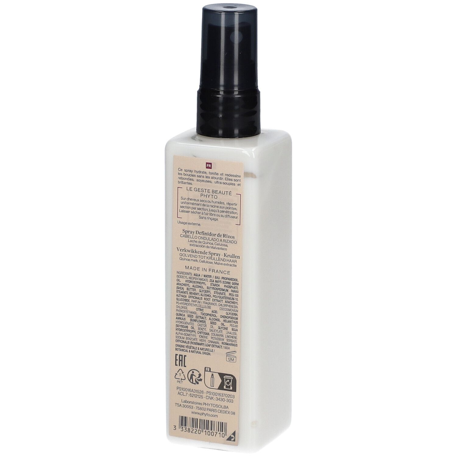Weißer Flakon mit schwarzem Sprühkopf. Rückseite mit Text. Aufschrift: PHYTOSPECIFIC, Made in France.