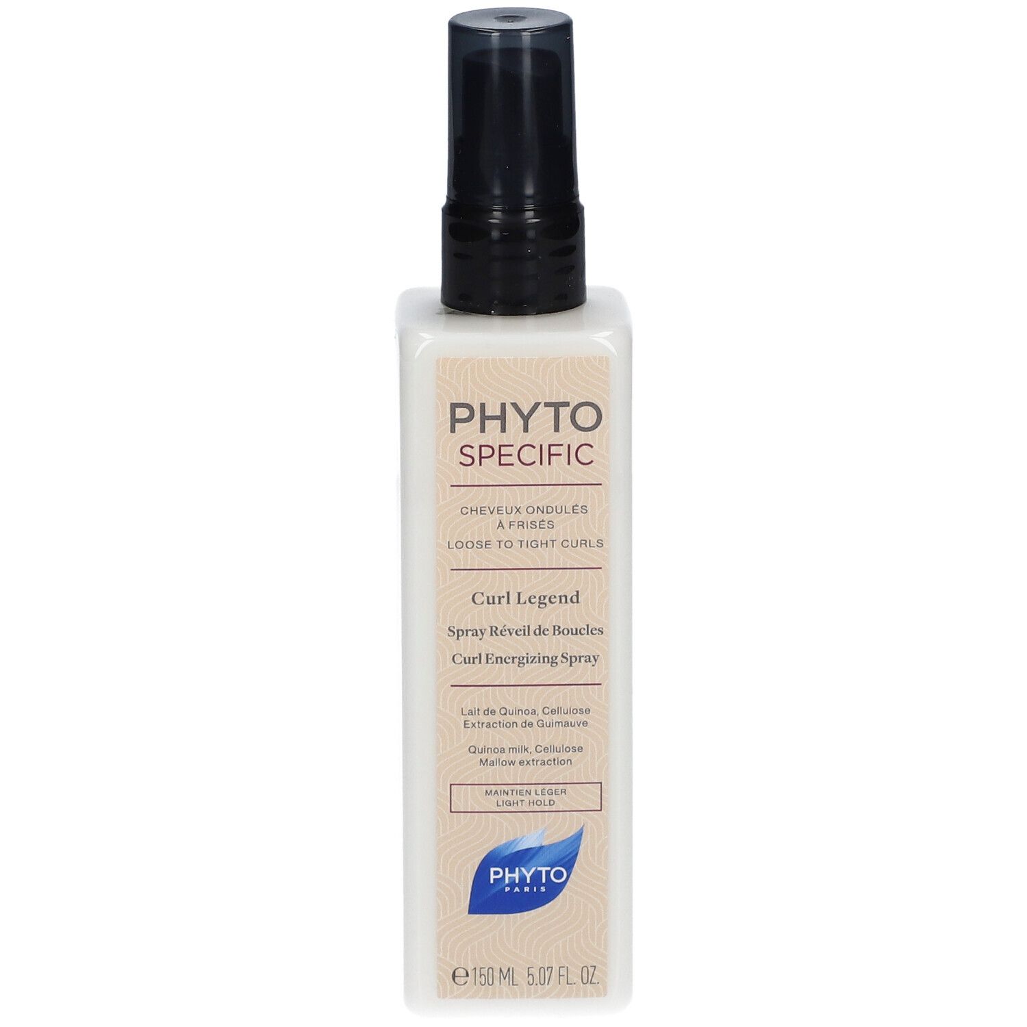 Weißer Flakon mit schwarzem Sprühkopf. Aufschrift: PHYTOSPECIFIC, Curl Legend, Curl Energizing Spray.