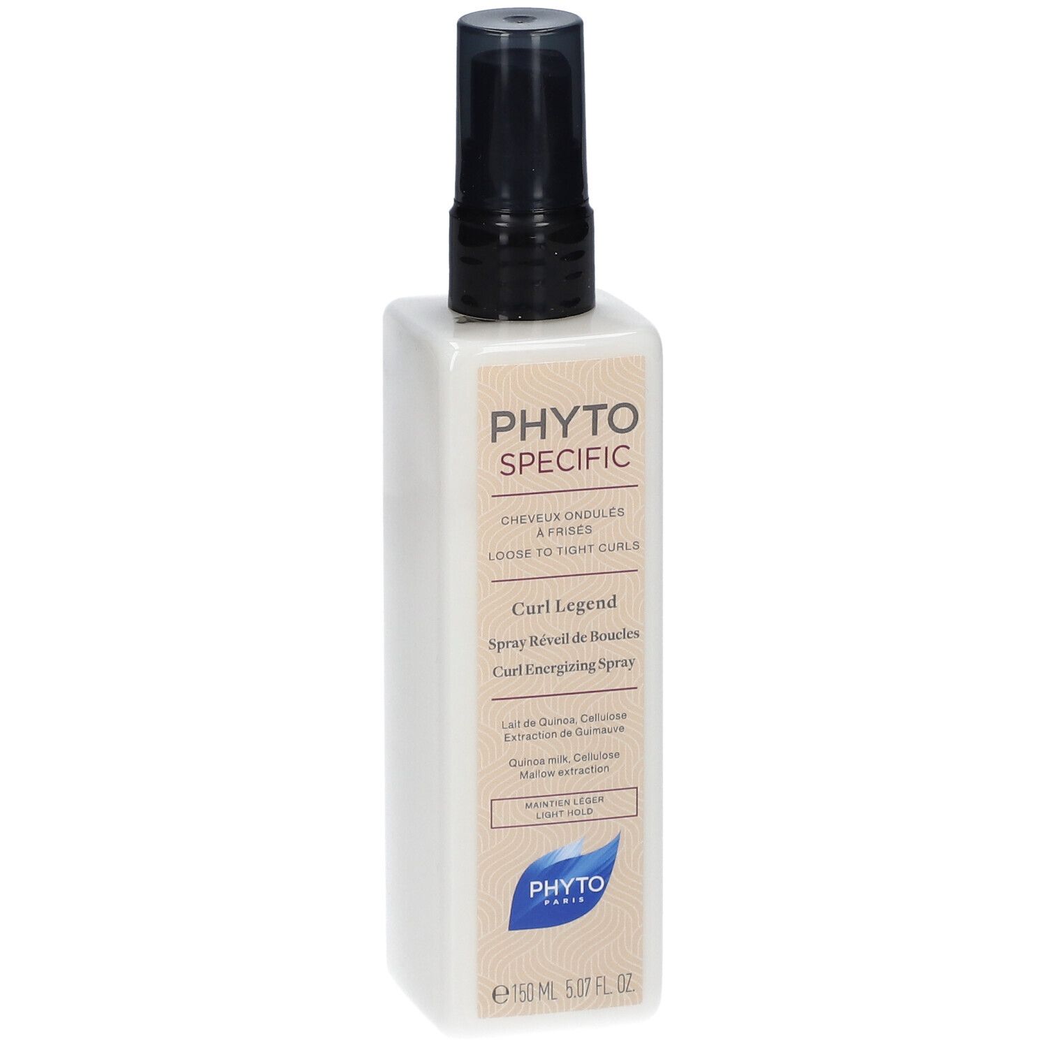 Weißer Flakon mit schwarzem Sprühkopf. Aufschrift: PHYTOSPECIFIC, Curl Legend, Curl Energizing Spray.