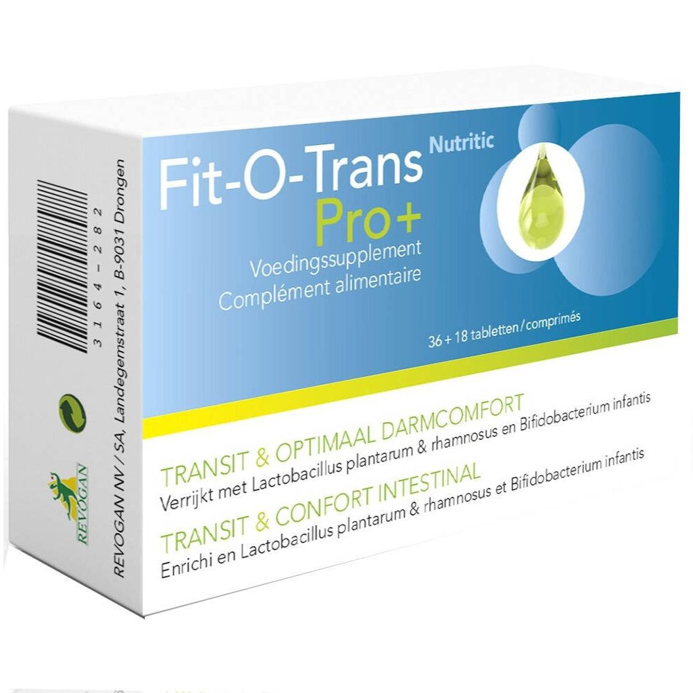 Boîte blanche avec le nom du produit Fit-O-Trans Pro+. Contient 36+18 comprimés. Texte en néerlandais et en français.