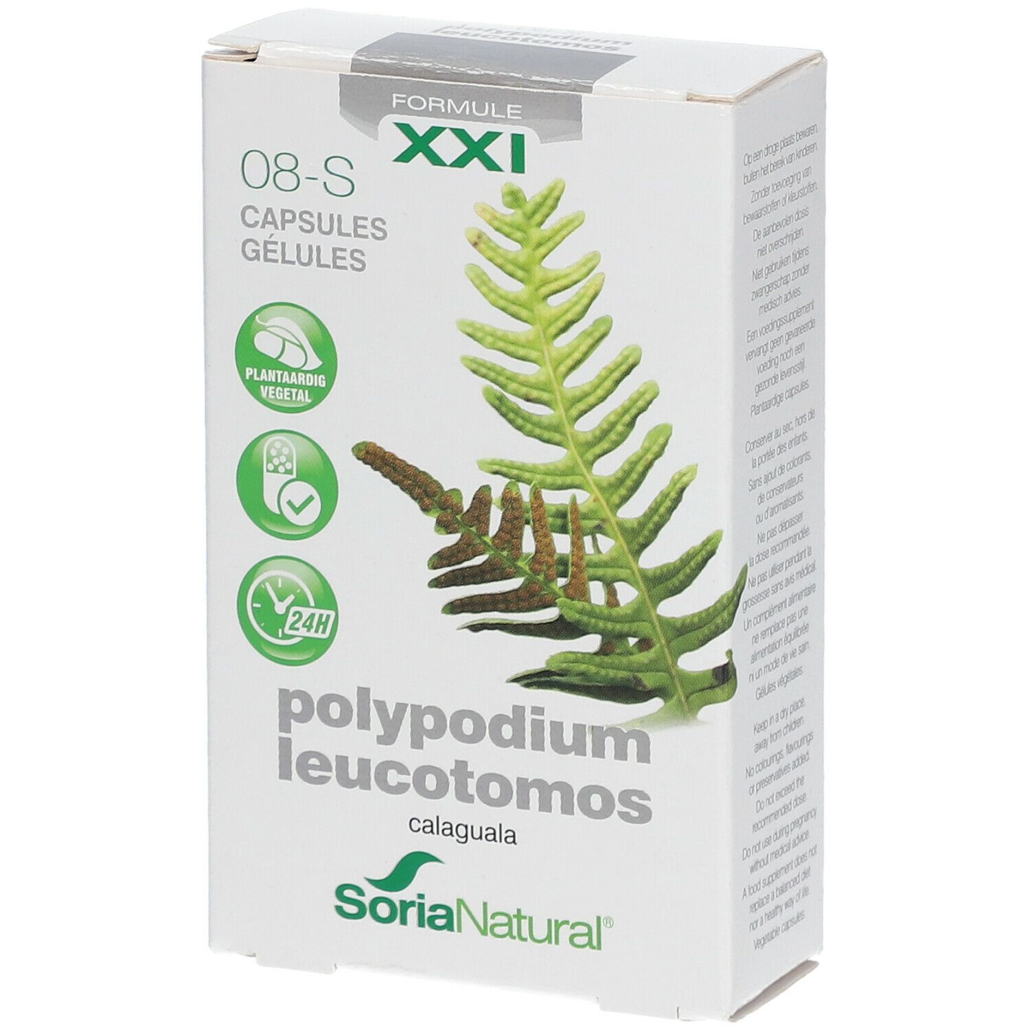 Boîte blanche avec feuilles vertes et texte. En haut: FORMULE XXI. En bas: polypodium leucotomos calaguala. Logo SoriaNatural.
