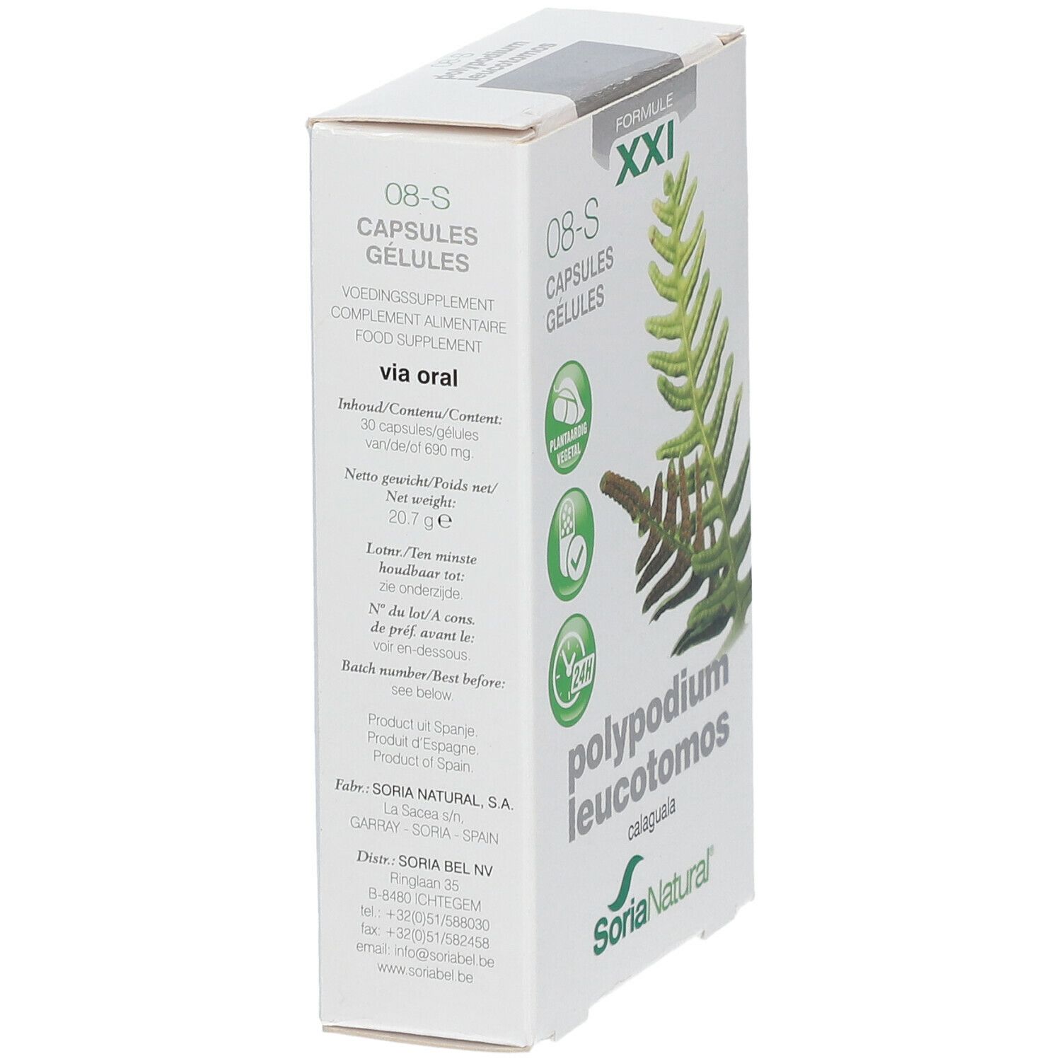 Boîte blanche en biais. En haut: FORMULE XXI. Sur le côté: 08-S CAPSULES GELULES. Texte: via oral. Logo SoriaNatural.