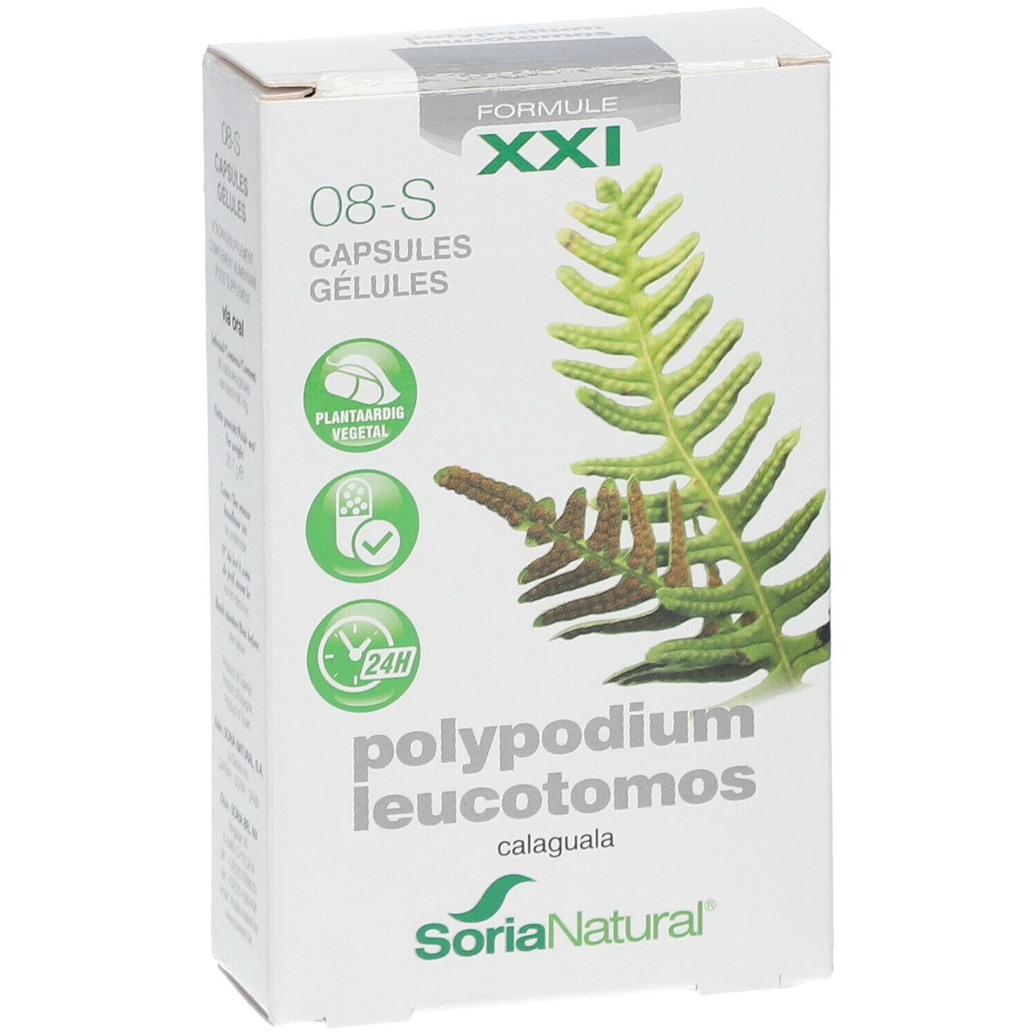 Boîte blanche avec feuilles vertes et texte. En haut: FORMULE XXI. En bas: polypodium leucotomos calaguala. Logo SoriaNatural.