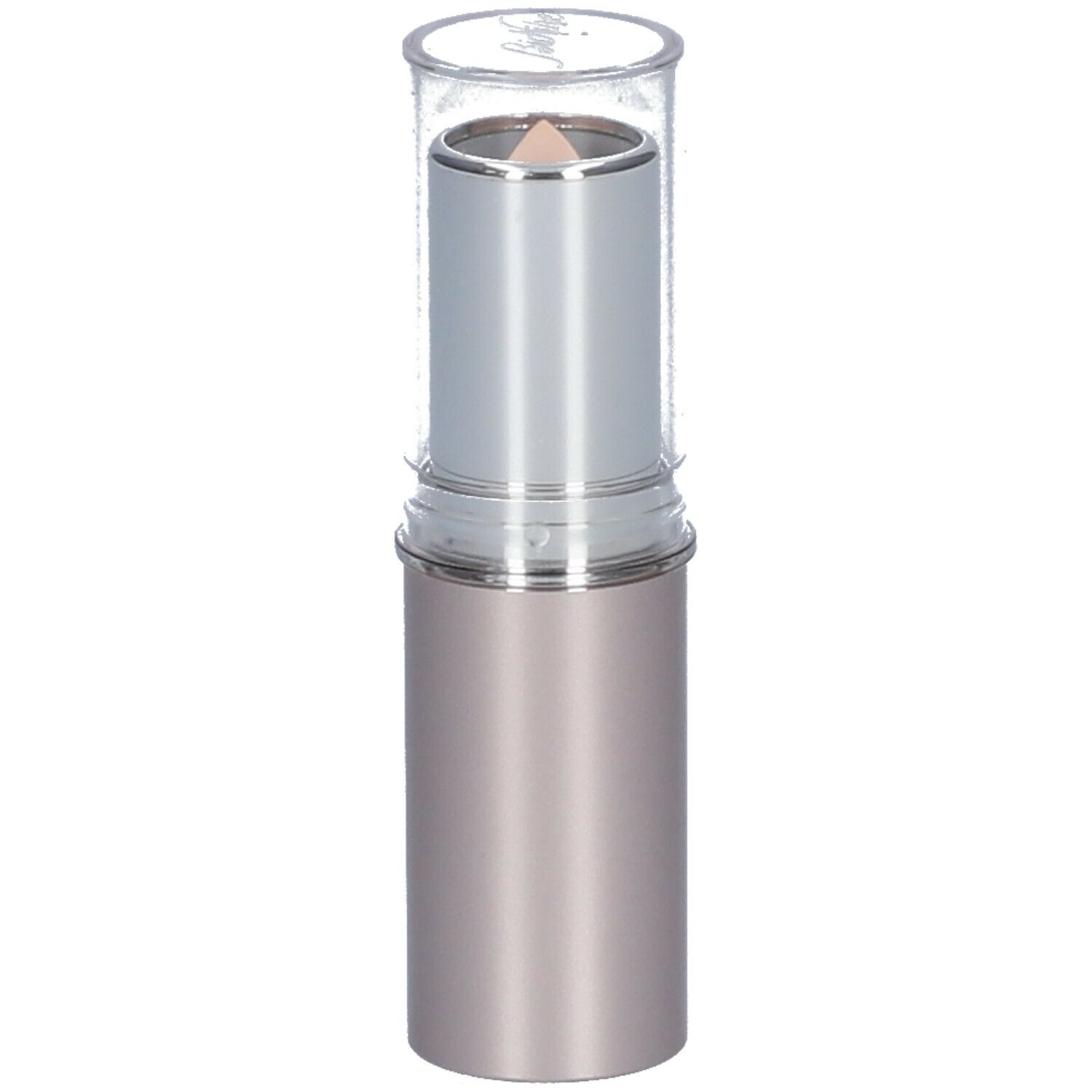 Stift mit transparenter Kappe. Silberfarbener Mittelteil, beiger Stift. Aufrecht stehend.