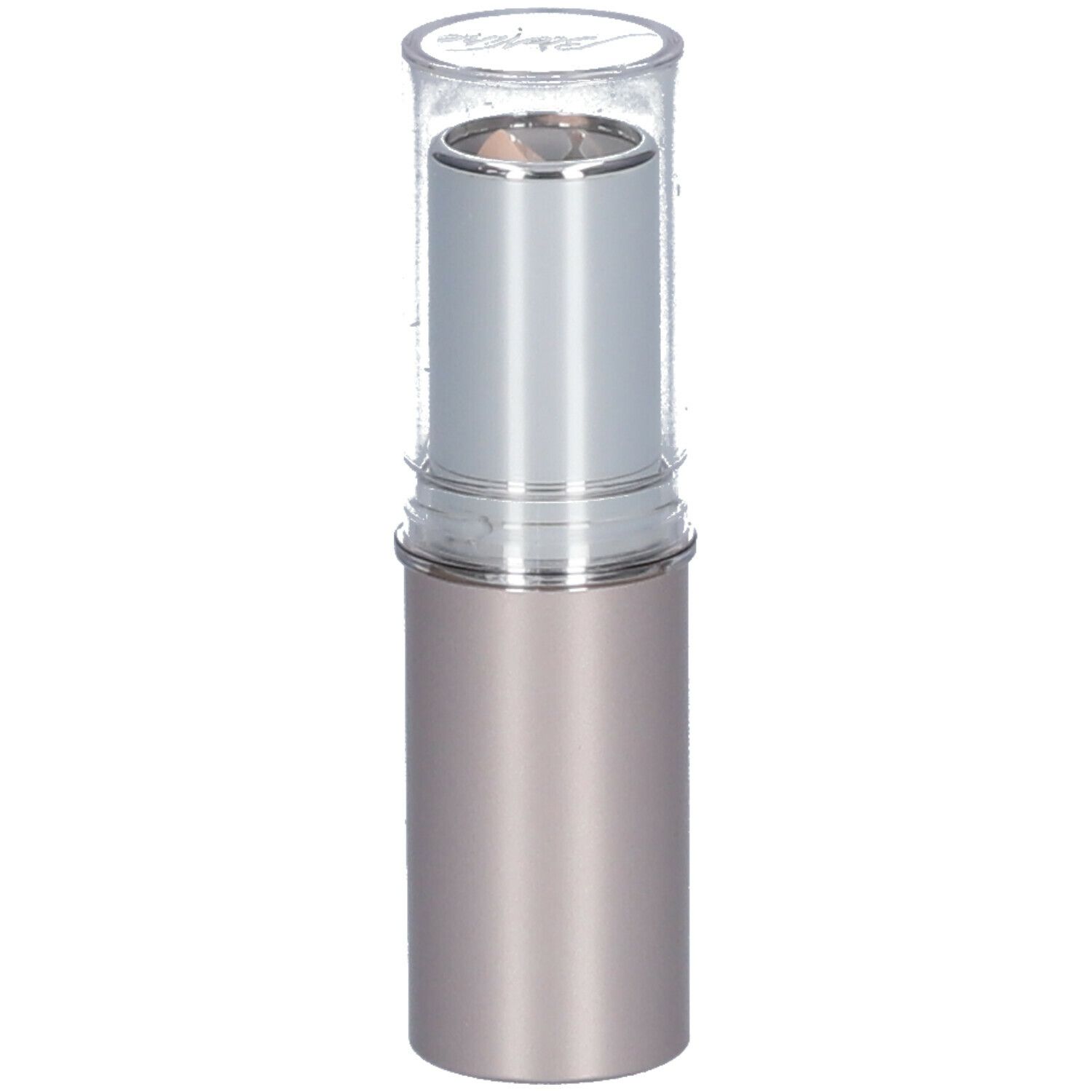 Stift mit transparenter Kappe. Silberfarbener Mittelteil, beiger Stift. Aufrecht stehend.