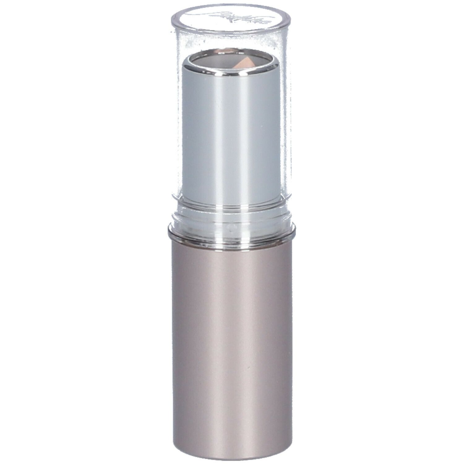 Stift mit transparenter Kappe. Silberfarbener Mittelteil, beiger Stift. Aufrecht stehend.