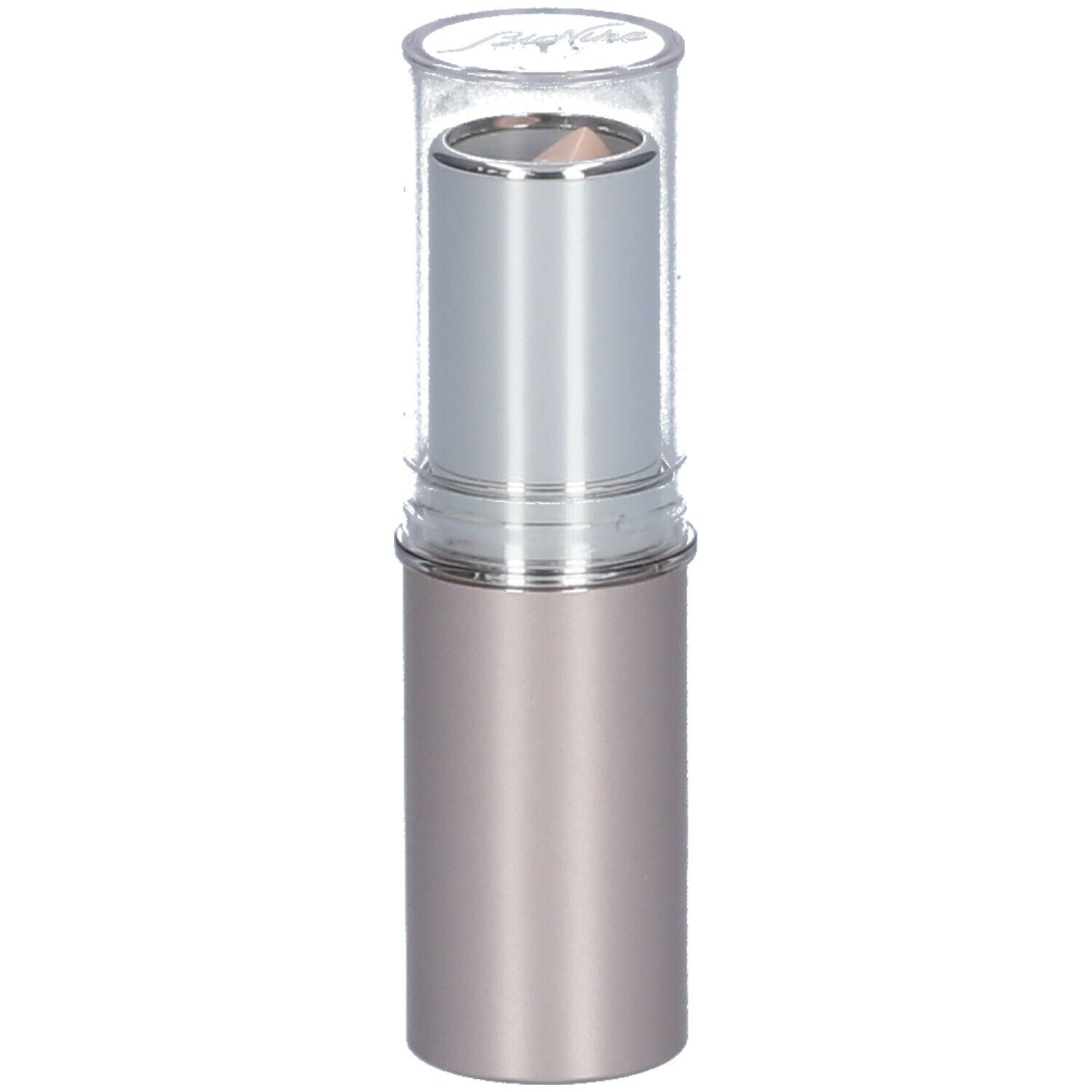 Stift mit transparenter Kappe. Silberfarbener Mittelteil, beiger Stift. Aufrecht stehend.