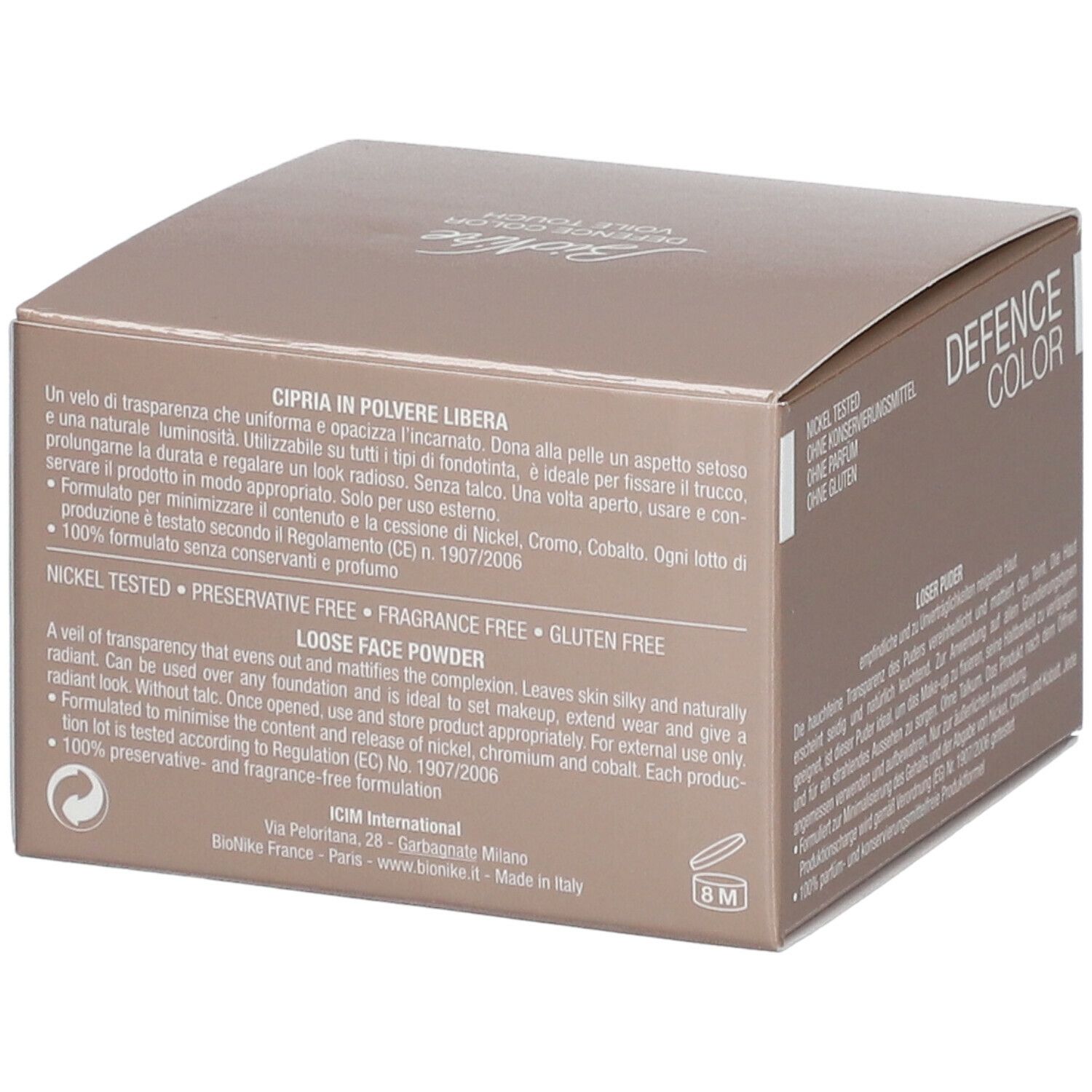 Braune Kartonverpackung mit Produktinformationen. Aufschrift: DEFENCE COLOR VOILE TOUCH. 15 g.