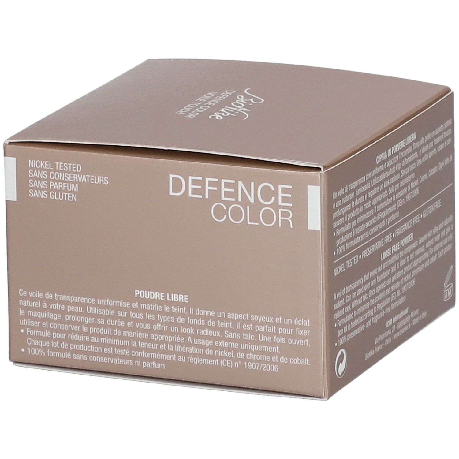 Braune Kartonverpackung mit Produktinformationen. Aufschrift: DEFENCE COLOR VOILE TOUCH. 15 g.