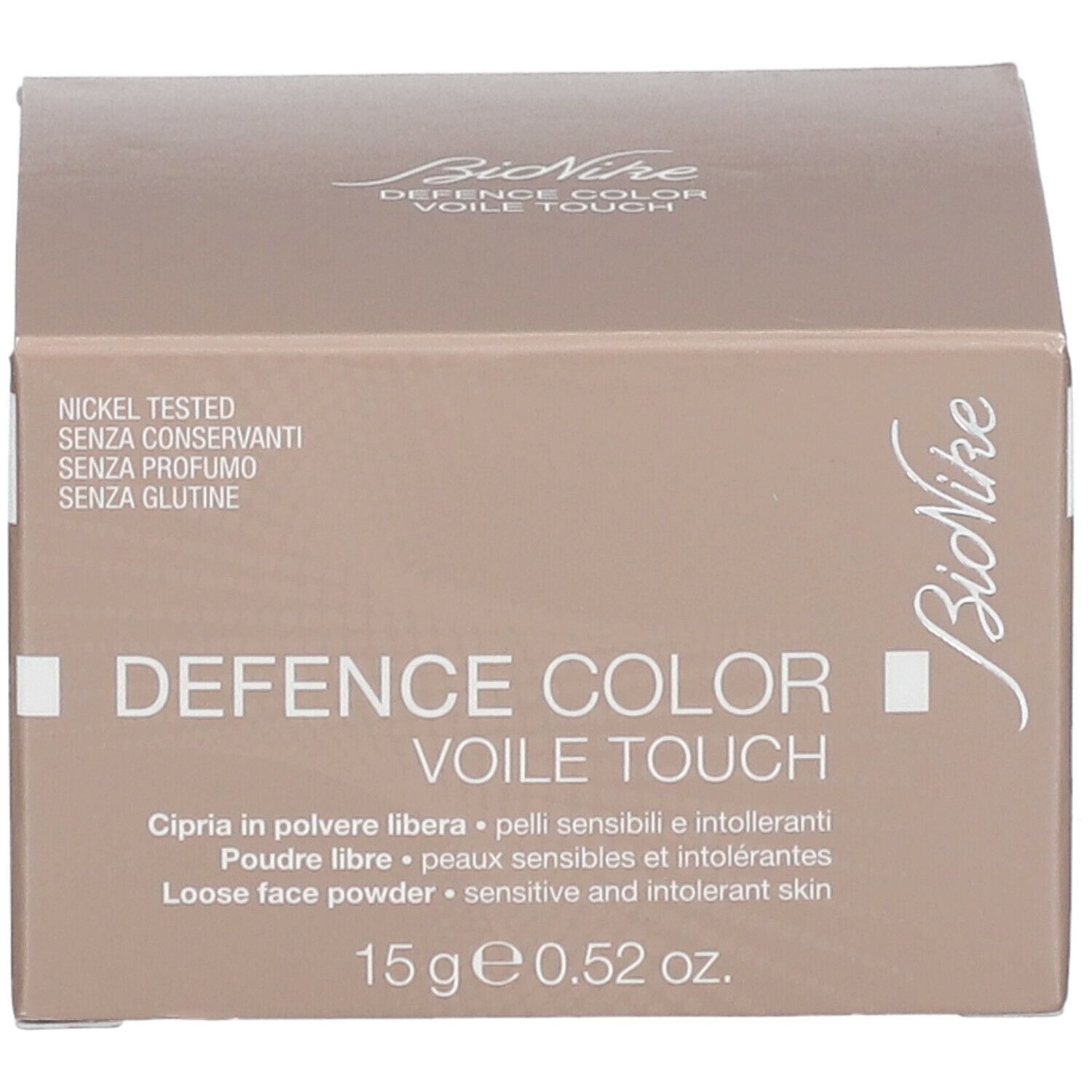 Braune Kartonverpackung mit Produktinformationen. Aufschrift: DEFENCE COLOR VOILE TOUCH. 15 g.