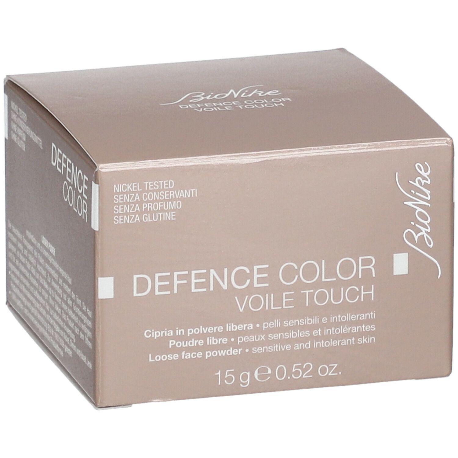 Braune Kartonverpackung mit Produktinformationen. Aufschrift: DEFENCE COLOR VOILE TOUCH. 15 g.