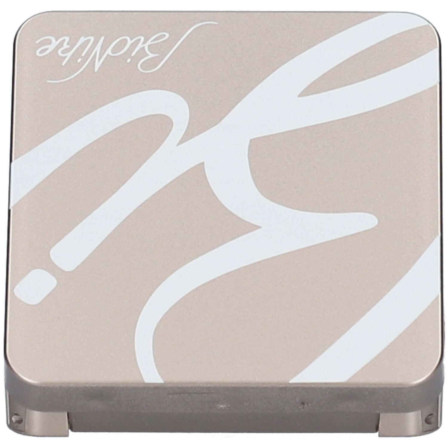 Geschlossene, goldfarbene Kompakt-Blush-Hülle. Grauer Deckel mit weißem Logo. Quadratische Form.