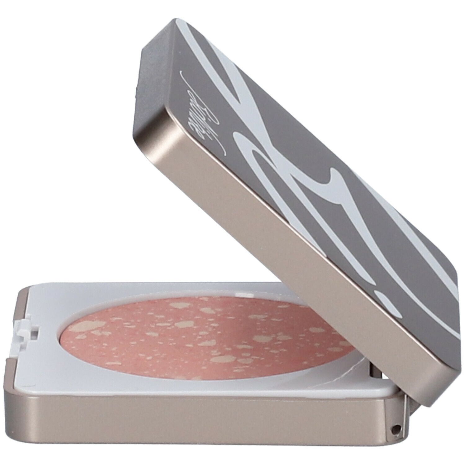 Kompakt-Blush, geöffnet. Rosa Farbton mit hellen Sprenkeln. Goldfarbene Hülle mit grauem Deckel und weißem Innenraum.