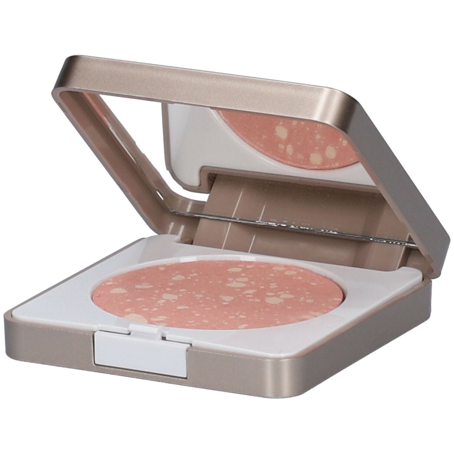 Kompakt-Blush mit Spiegel. Rosa Farbton mit hellen Sprenkeln. Rechteckige, goldfarbene Hülle mit weißem Innenraum.