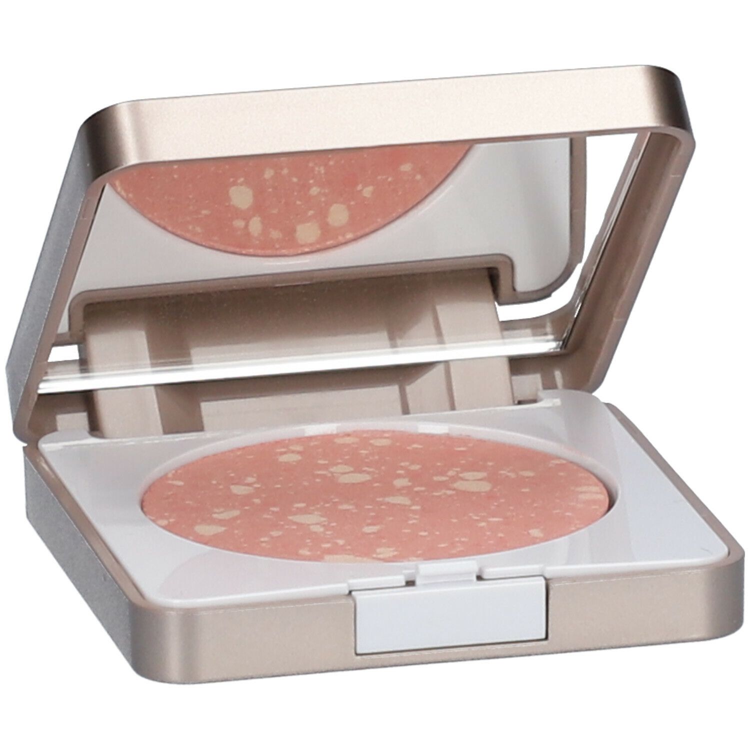 Kompakt-Blush mit Spiegel. Rosa Farbton mit hellen Sprenkeln. Rechteckige, goldfarbene Hülle mit weißem Innenraum.