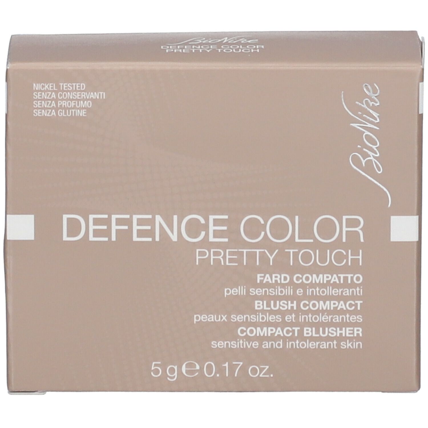 Kartonverpackung für Kompakt-Blush. Text mit Produktnamen und Inhaltsangaben. Beige Farbe.