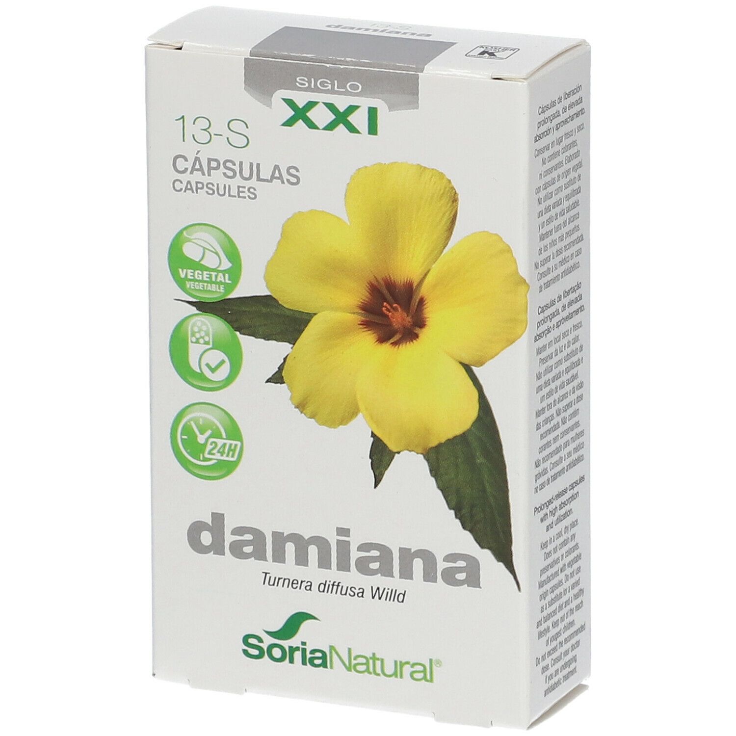 Boîte de gélules de Damiana. Inscriptions : 13-S, XXI, Damiana, Soria Natural. Illustration d'une fleur jaune.
