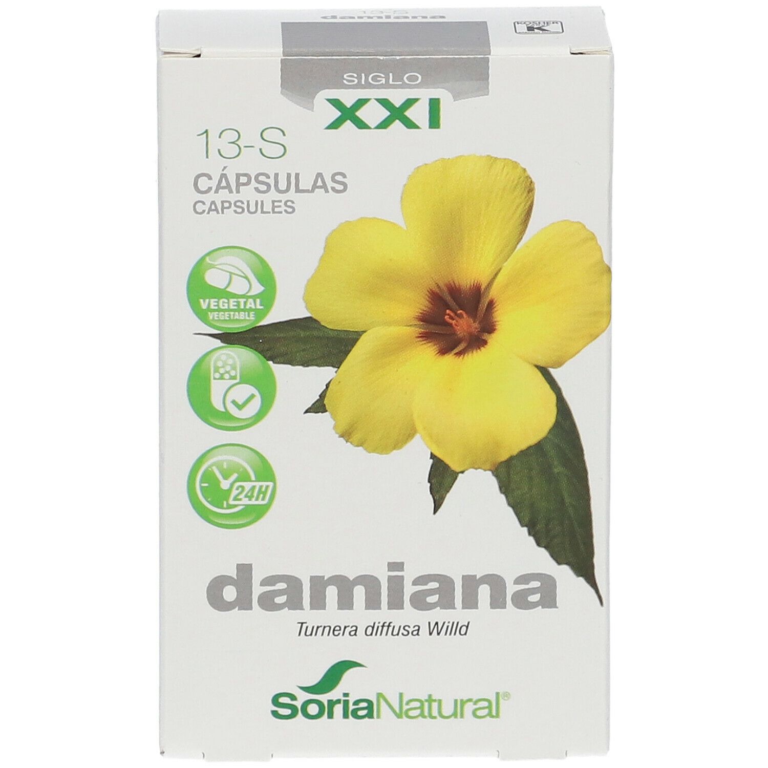 Boîte de gélules de Damiana. Inscriptions : 13-S, XXI, Damiana, Soria Natural. Illustration d'une fleur jaune.